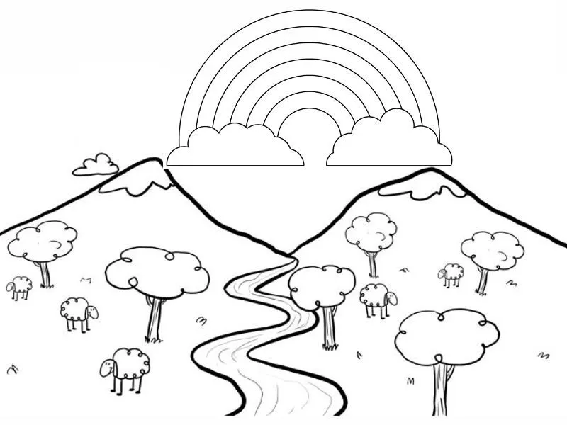 Dibujo de un paisaje con arcoiris para imprimir y colorear Dibujo de un paisaje con arcoiris para imprimir y colorear