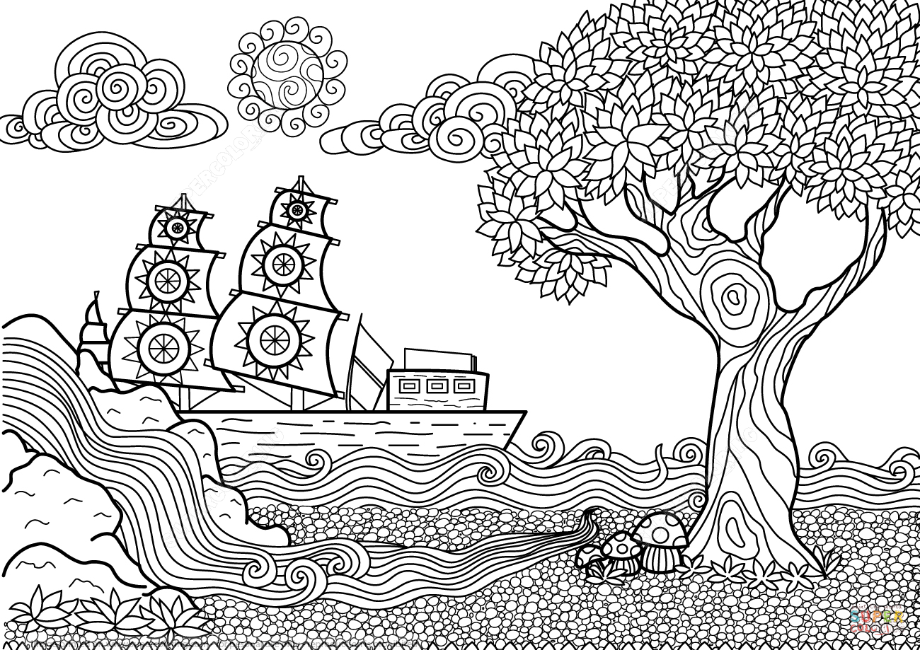 Dibujo de Paisaje Marino Zentangle para colorear | Dibujos para ...