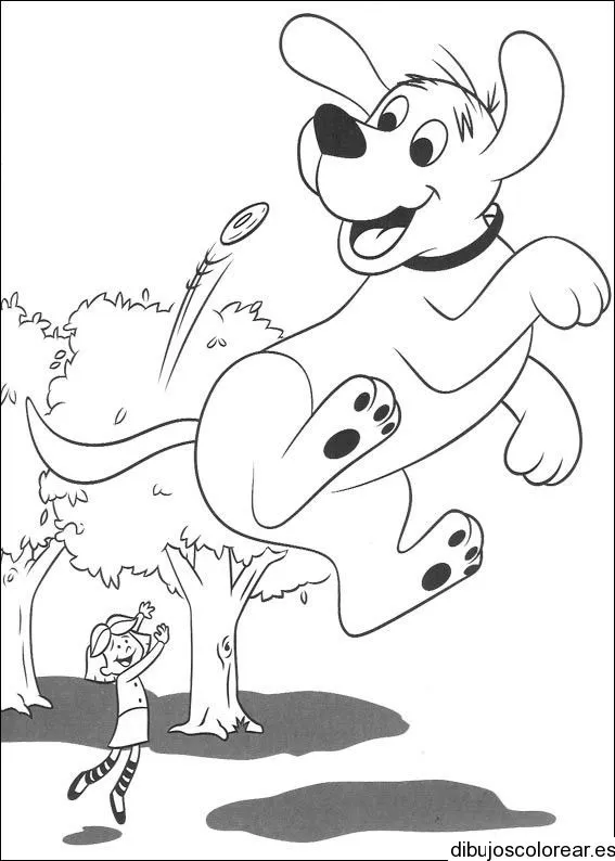 Dibujo de un perro saltando y una niña | Dibujos para Colorear