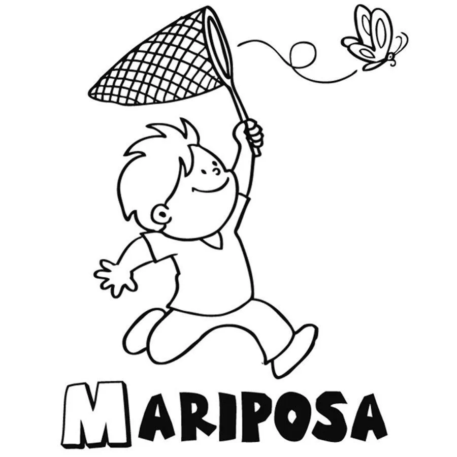 Dibujo para pintar de un niño con una mariposa Dibujo para pintar de un niño con una mariposa