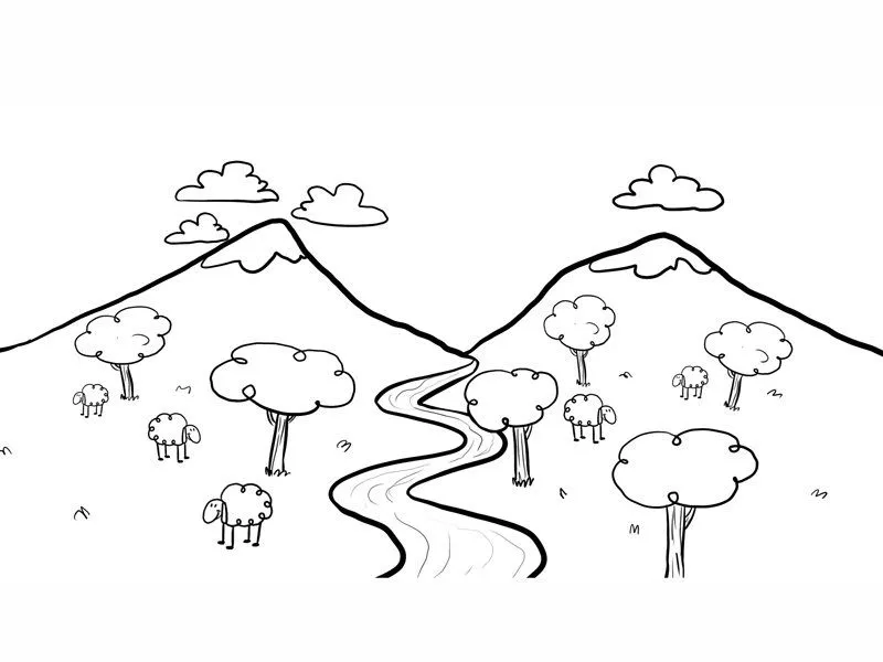 Dibujo para pintar un paisaje con río, imagen de naturaleza para niños Dibujo para pintar un paisaje con río, imagen de naturaleza para niños