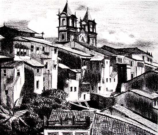 Dibujo de un pueblo con lápices grasos | Pintura y Artistas