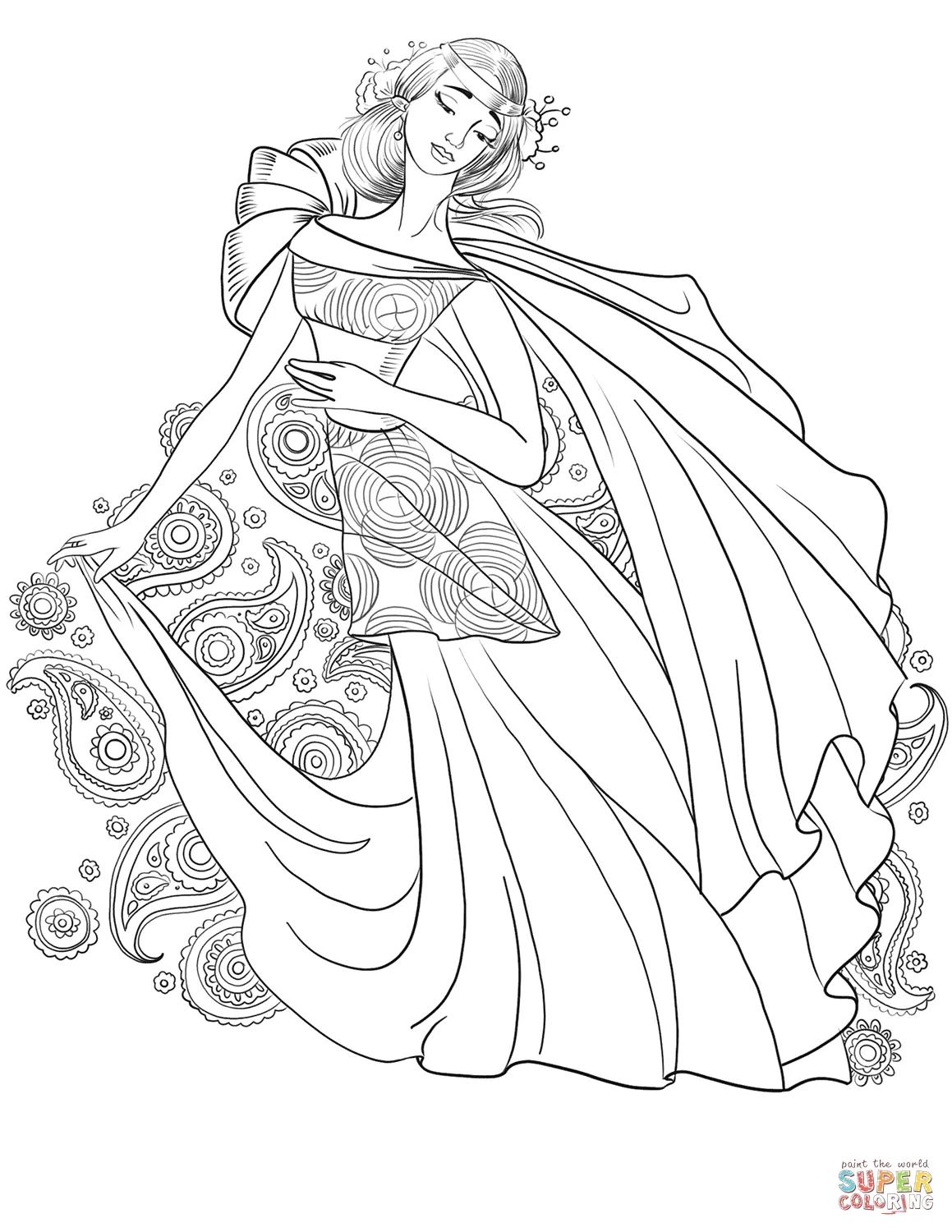 Dibujo de Señora de 1970 con motivo de Paisley para colorear | Dibujos para colorear imprimir gratis Dibujo de Señora de 1970 con motivo de Paisley para colorear | Dibujos para colorear imprimir gratis