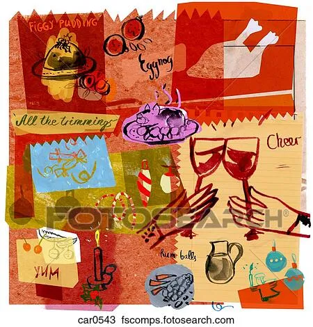 Dibujo - un, collage, ilustración, de, un, navidad, banquete ... Dibujo - un, collage, ilustración, de, un, navidad, banquete ...