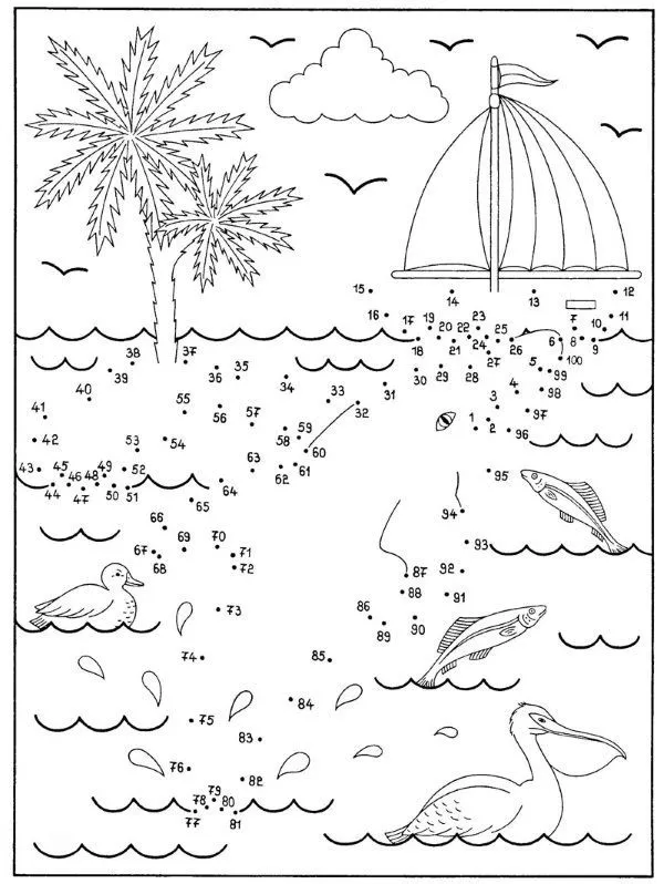 Dibujo de unir puntos de una playa: dibujo para colorear e imprimir Dibujo de unir puntos de una playa: dibujo para colorear e imprimir