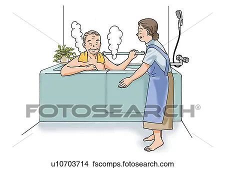 Dibujos - adulto mayor, hombre, tener un baño, ilustración, vista ...