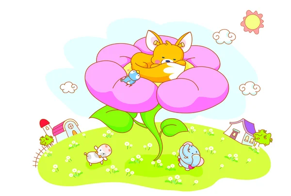 Dibujos animados de ardilla están durmiendo en el jardín de flores ...