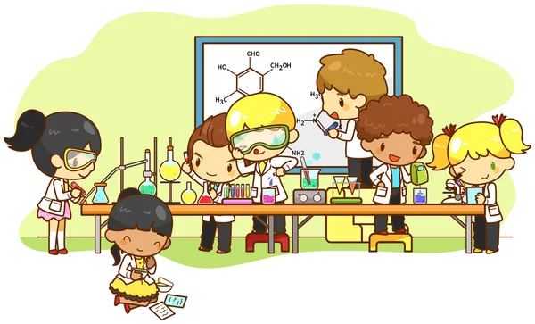 Dibujos animados científico niños están estudiando y trabajando y ...