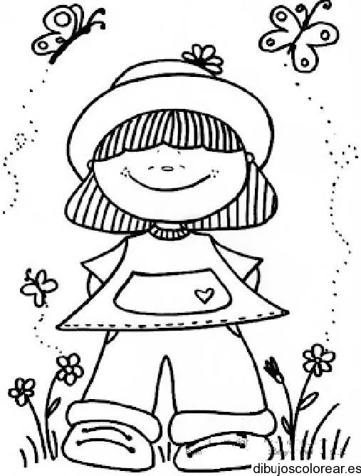 Dibujo de niña con sombrero y mariposas | Dibujos para Colorear