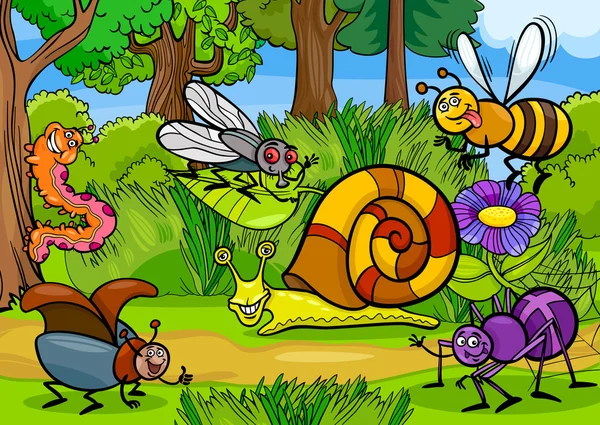 Dibujos animados de insectos en escena rural naturaleza — Vector ... Dibujos animados de insectos en escena rural naturaleza — Vector ...