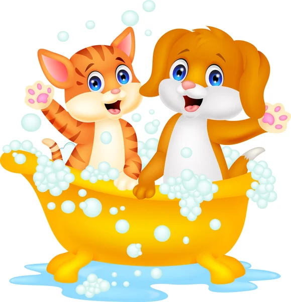 de dibujos animados lindo gato y perro, tiempo de baño — Vector ...