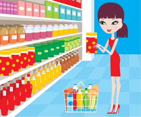 Dibujos animados de la mujer en un supermercado — Vector stock ... Dibujos animados de la mujer en un supermercado — Vector stock ...