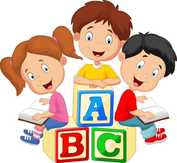 Dibujos animados de niños leyendo el libro y sentado en los ... Dibujos animados de niños leyendo el libro y sentado en los ...