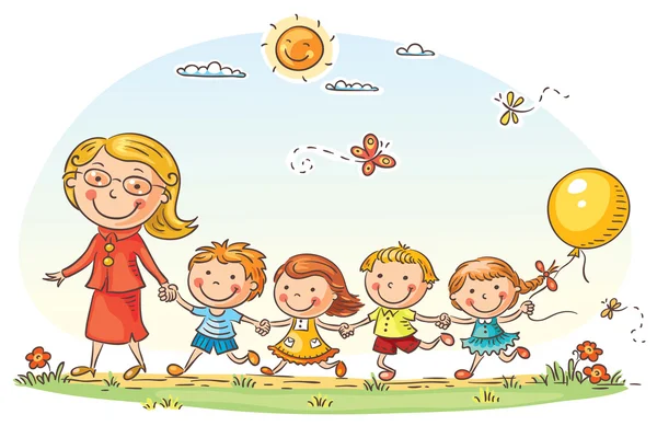 Dibujos animados de los niños y su maestra al aire libre — Vector ...