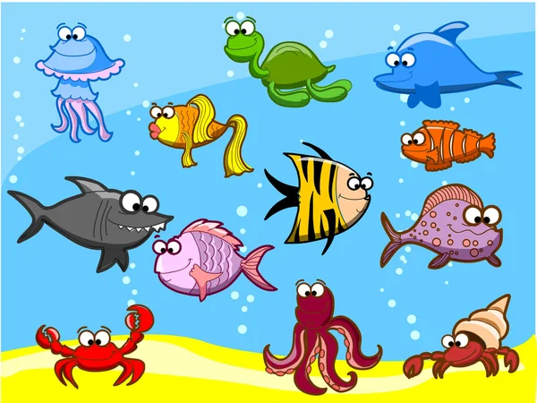 Dibujos animados de peces en el mar, ilustración vectorial ...