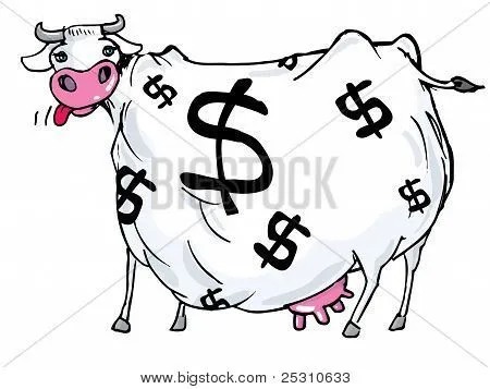 Dibujos animados de una vaca lechera con signos de dólar en su ... Dibujos animados de una vaca lechera con signos de dólar en su ...