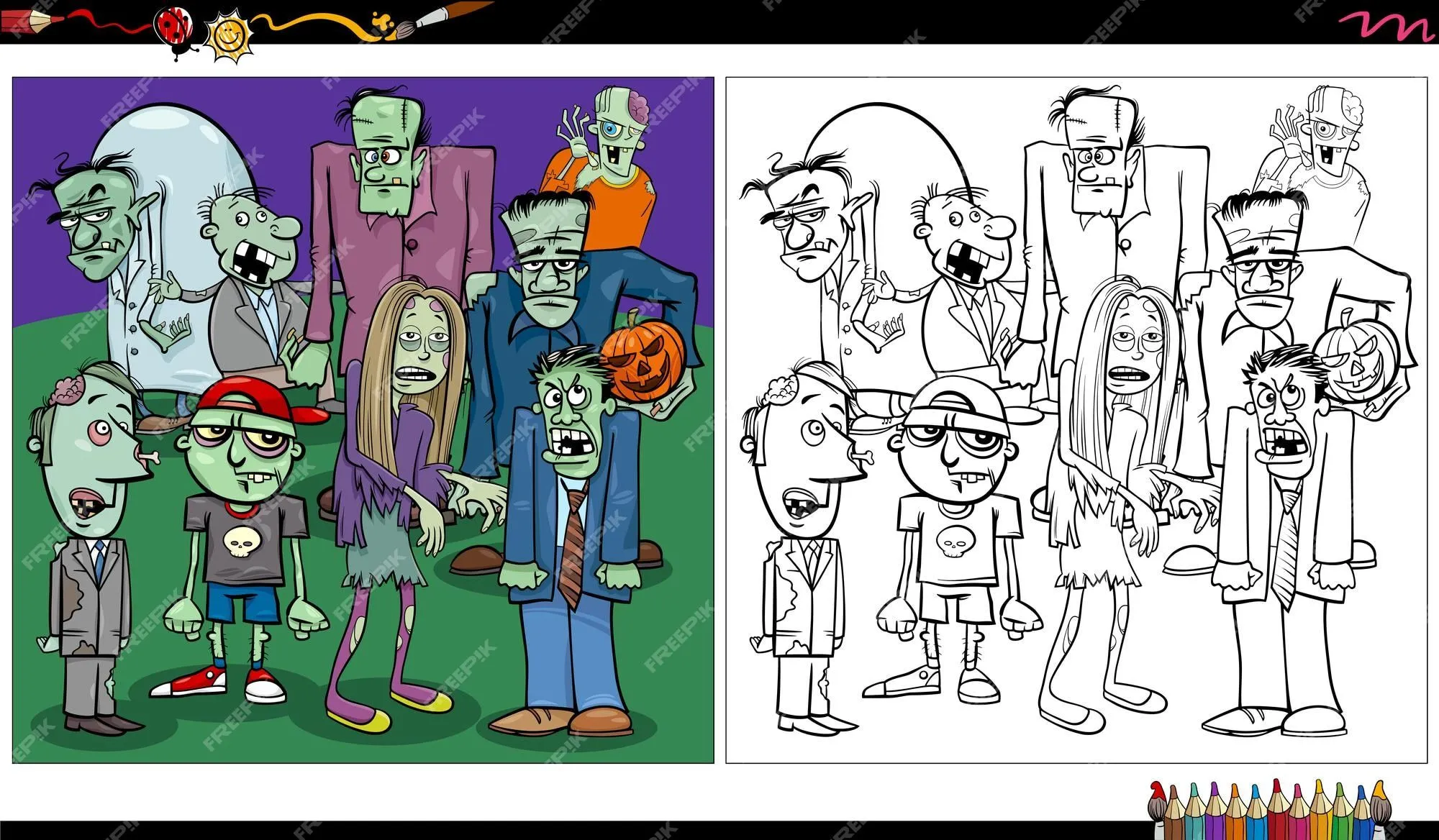 Dibujos animados de zombies fantasía o personajes de halloween página de libro para colorear | Vector Premium Dibujos animados de zombies fantasía o personajes de halloween página de libro para colorear | Vector Premium