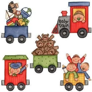 Dibujos de un tren lleno de bebés, ositos de peluche y juguetes. Dibujos de un tren lleno de bebés, ositos de peluche y juguetes.