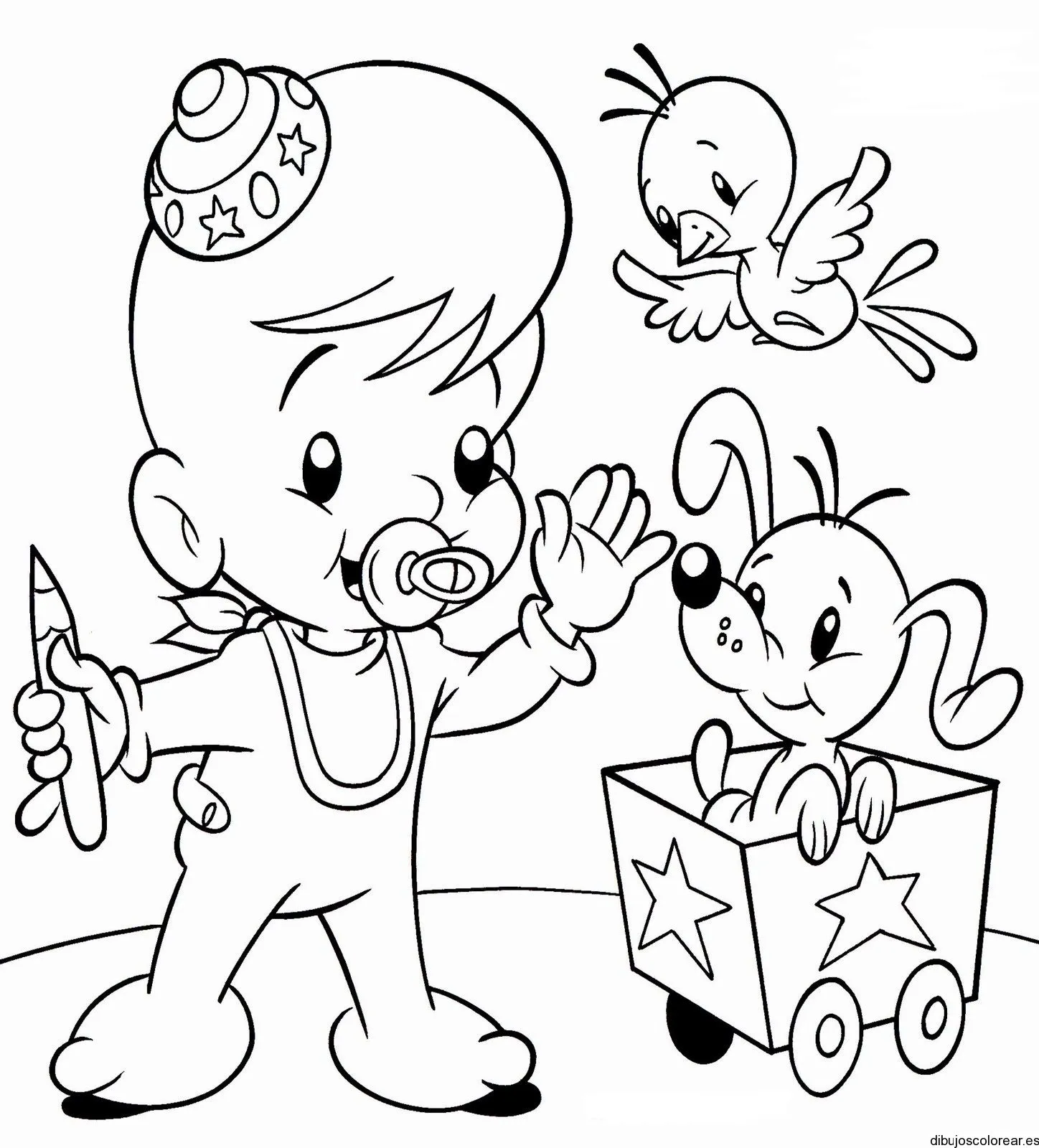 Dibujo de un bebe con perro y un canario | Dibujos para Colorear Dibujo de un bebe con perro y un canario | Dibujos para Colorear