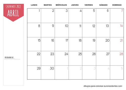 Dibujos para Colorear: Calendario de abril 2013