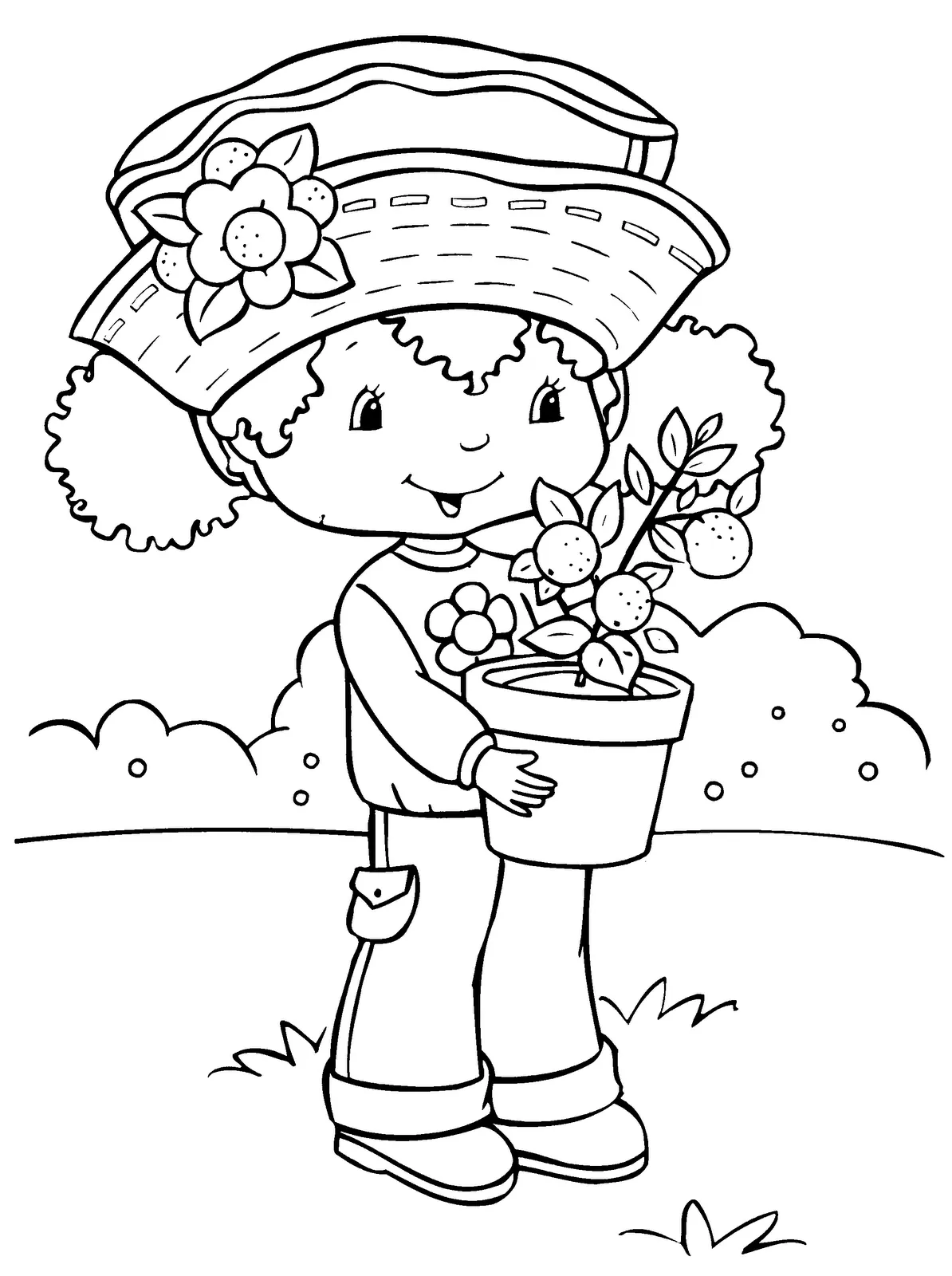 Dibujos para colorear: Muñeca Tarta de fresa con maceta para pintar