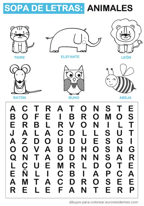 Dibujos para Colorear: Sopa de letras de animales