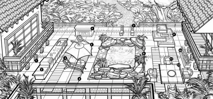Dibujos conceptuales de "Patios y Jardines" y "Los '70 '80 '90 ...
