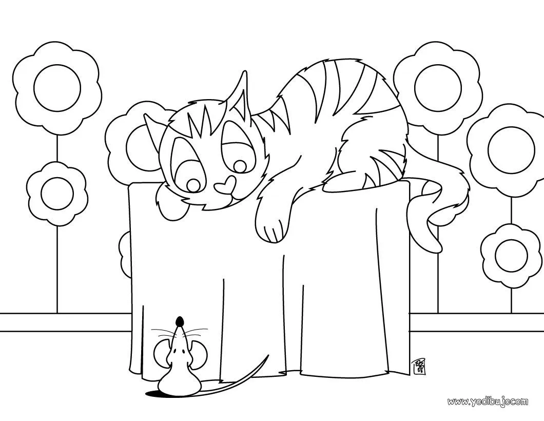 Dibujos GATOS para colorear, un gatito con un ratón para imprimir Dibujos GATOS para colorear, un gatito con un ratón para imprimir