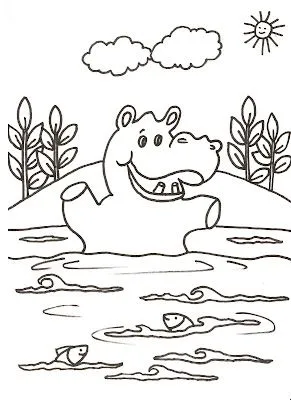 Dibujo para colorear de un hipopotamo alegre en su estaque!!! para ... Dibujo para colorear de un hipopotamo alegre en su estaque!!! para ...