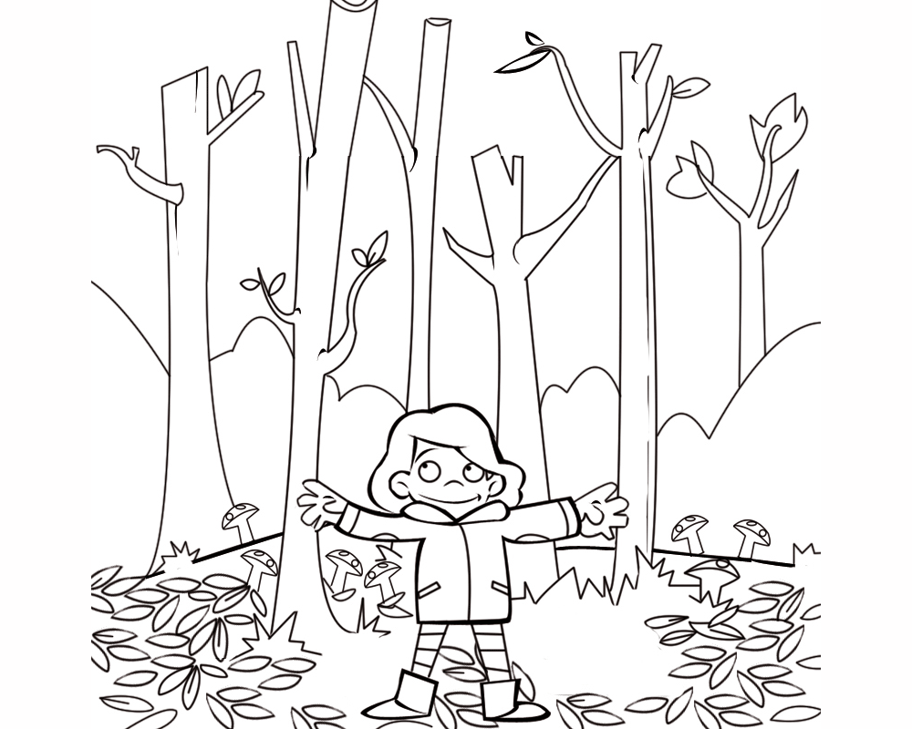 Imprimir dibujos para colorear : Niña en el bosque en otoño Imprimir dibujos para colorear : Niña en el bosque en otoño