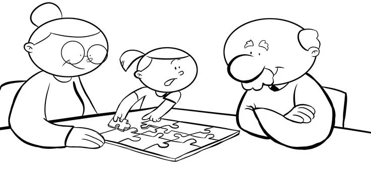 Dibujos con niños: Colorear abuelos haciendo un puzzle con su ...