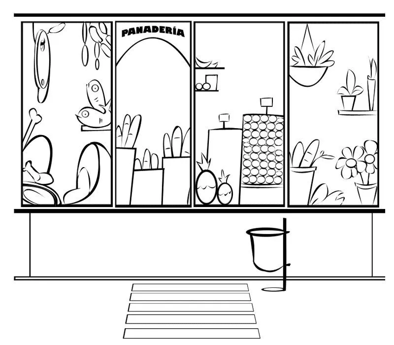 Dibujos para pintar de tiendas: escaparate de panadería Dibujos para pintar de tiendas: escaparate de panadería