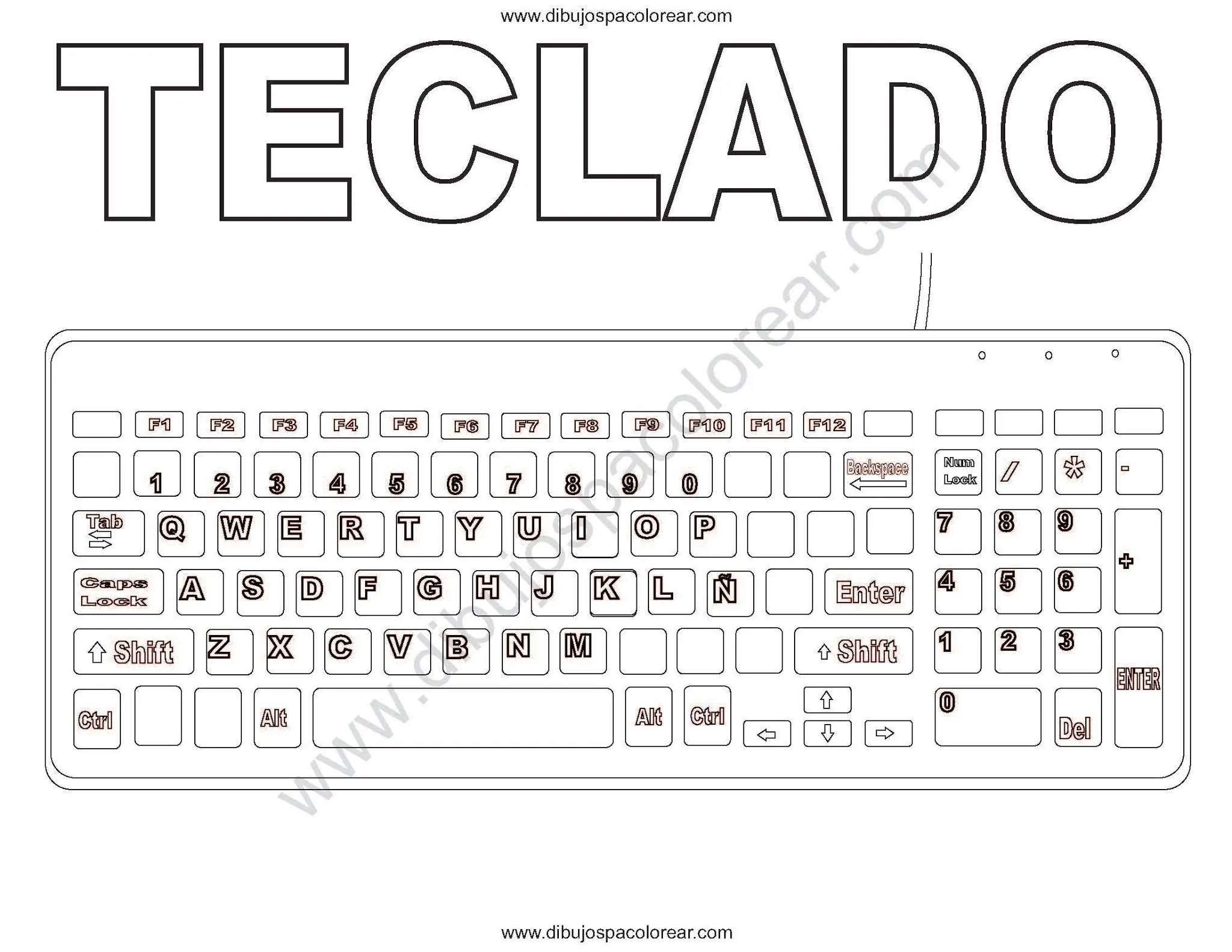 Dibujos de teclado de computadora para colorear con letras y sin letras