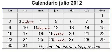 La Dieta de la Luna 2015: Horario Calendario lunar julio 2012 La Dieta de la Luna 2015: Horario Calendario lunar julio 2012