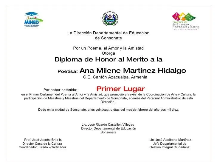 Diploma De Honor Al Merito1er Lugar