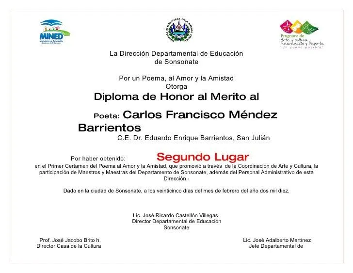 Diploma De Honor Al Merito2do Lugar