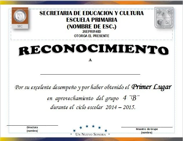 Diploma para Primeros Lugares de Aprovechamiento Escolar ...