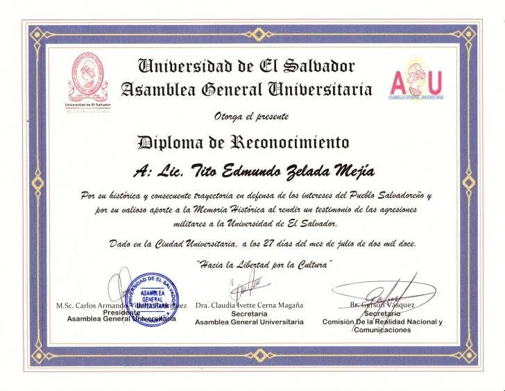 Diploma de Reconocimiento al Lic. Tito Edmundo Zelada Mejía por su tr… Diploma de Reconocimiento al Lic. Tito Edmundo Zelada Mejía por su tr…