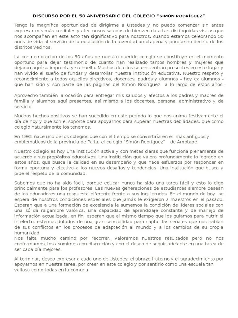 Discurso Por El 50 Aniversario Del Colegio | PDF | Cognición | Conceptos psicologicos Discurso Por El 50 Aniversario Del Colegio | PDF | Cognición | Conceptos psicologicos