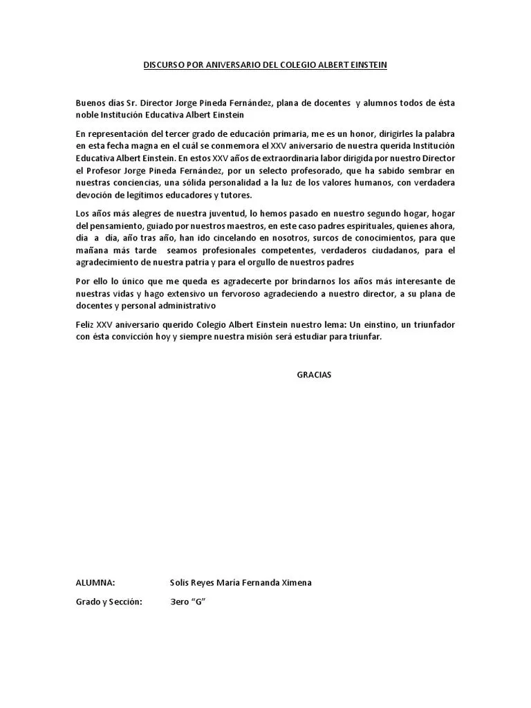Discurso Por Aniversario Del Colegio Albert Einstein | PDF Discurso Por Aniversario Del Colegio Albert Einstein | PDF