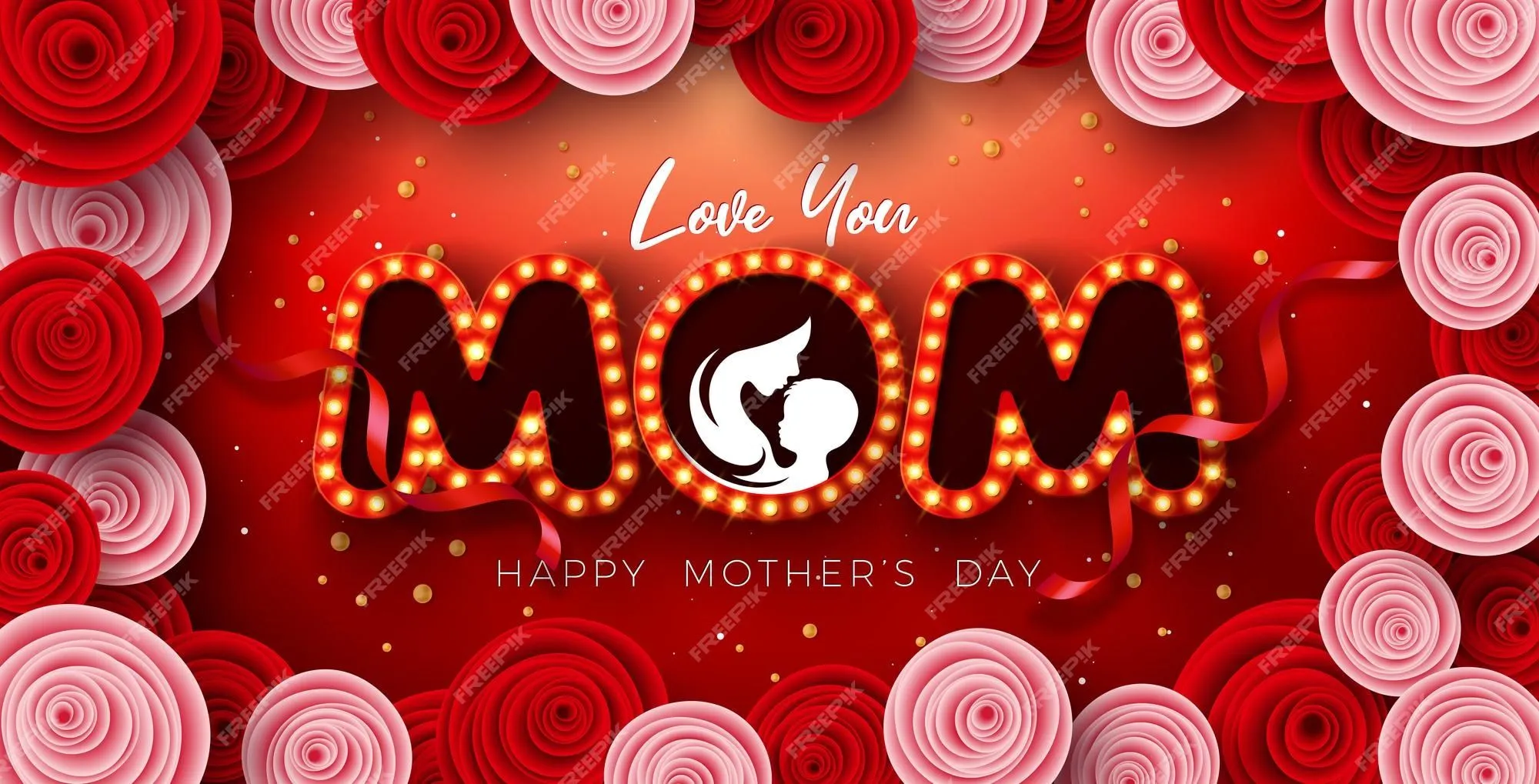 Diseño de tarjeta de felicitación del día de la madre con flor de rosa y letras de cartelera de bombilla de amor de mamá | Vector Premium Diseño de tarjeta de felicitación del día de la madre con flor de rosa y letras de cartelera de bombilla de amor de mamá | Vector Premium