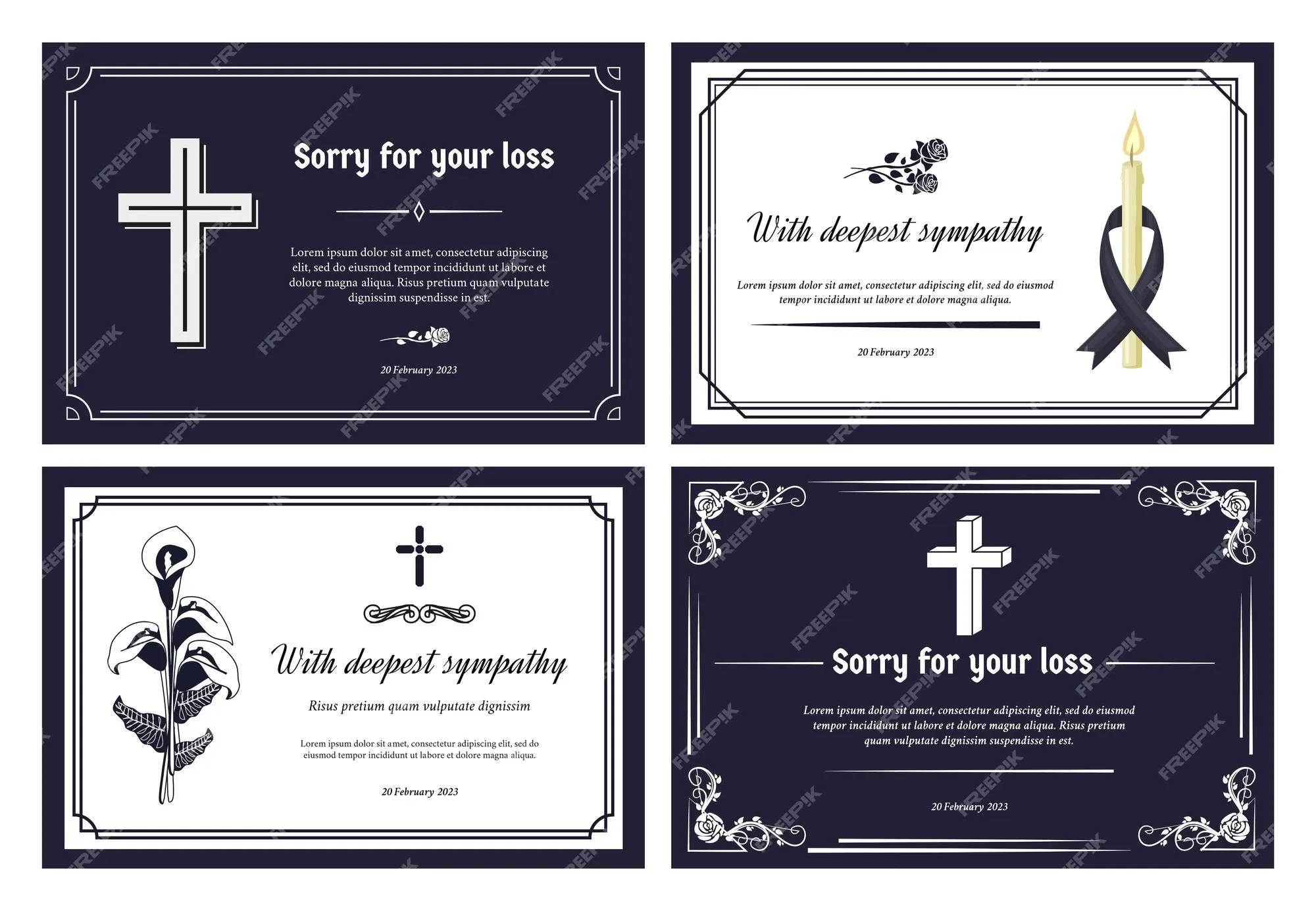 Diseño de tarjeta funeraria banner de condolencia con el más profundo pésame y perdón por su pérdida conjunto de vectores de plantilla decorativa de bordes de marco | Vector Premium Diseño de tarjeta funeraria banner de condolencia con el más profundo pésame y perdón por su pérdida conjunto de vectores de plantilla decorativa de bordes de marco | Vector Premium