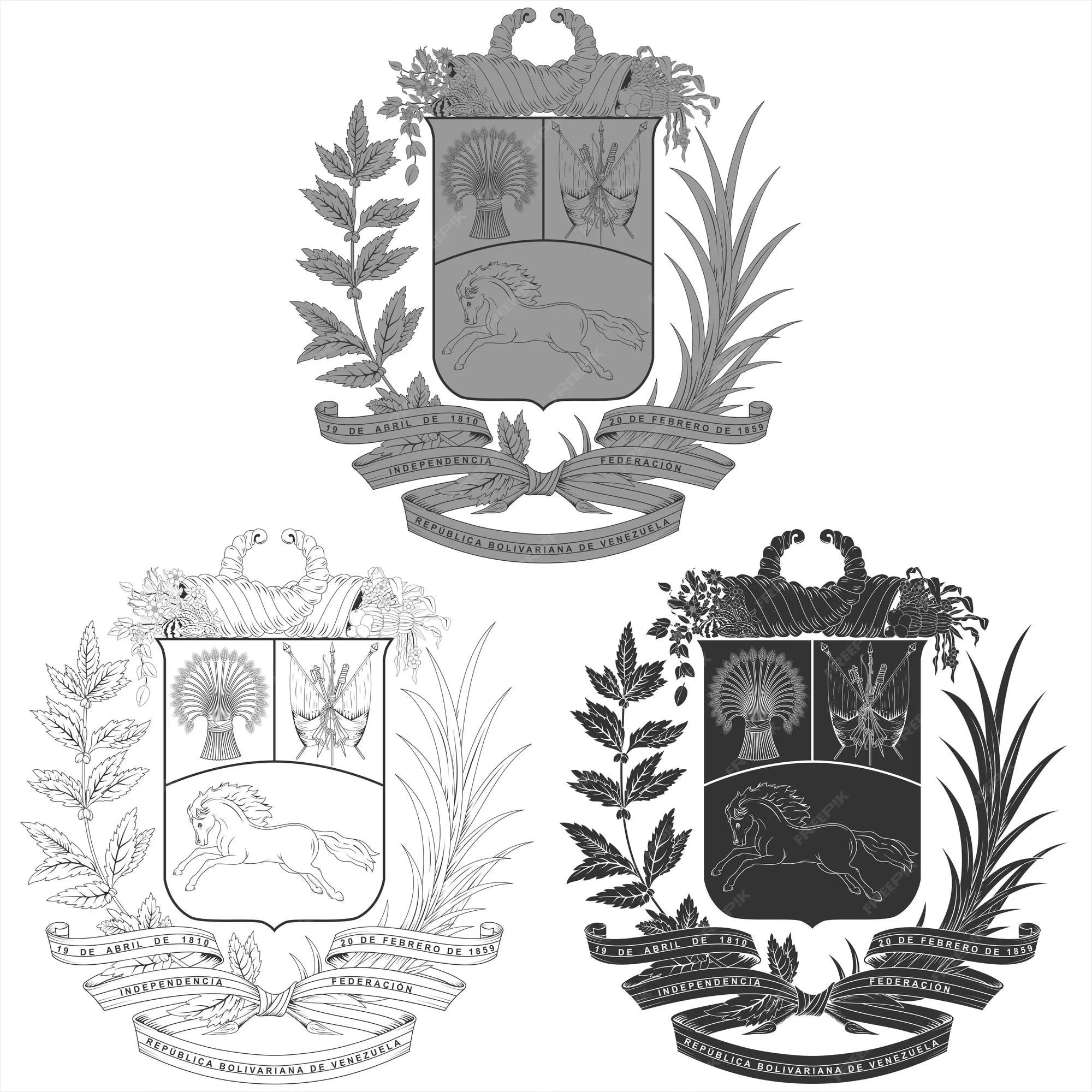 Diseño vectorial del escudo de armas de venezuela en tres estilos diferentes | Vector Premium Diseño vectorial del escudo de armas de venezuela en tres estilos diferentes | Vector Premium