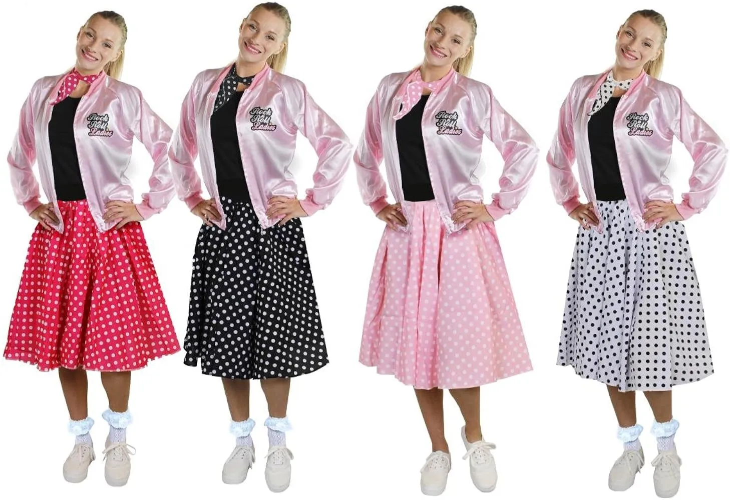 Disfraz de rock and roll rosa para mujer con falda de lunares y falda de  lunares – Disfraz largo blanco con lunares negros y chaqueta rosa (pequeño)  : Amazon.es: Juguetes y juegos
