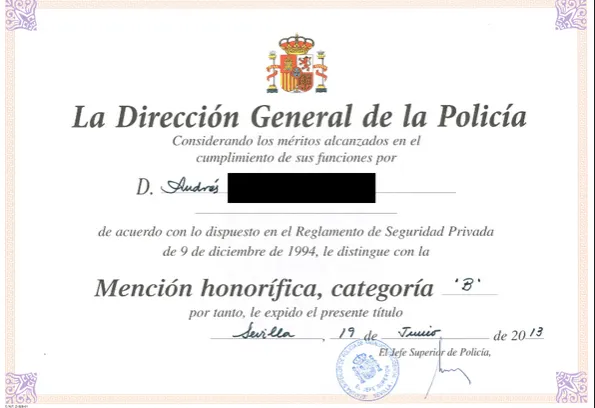 Distintivo para mencion honorifica - Vigilantes de Seguridad.com