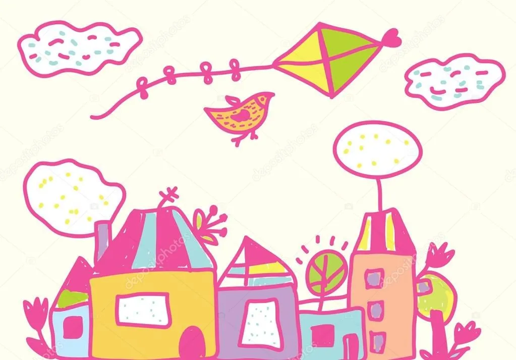 divertido fondo con cometa, casas para niños — Vector stock ...