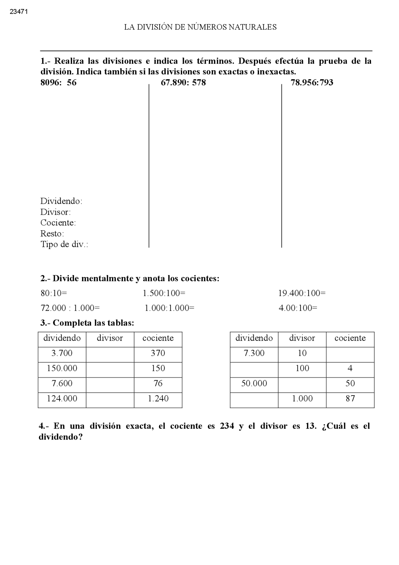 División de números naturales: ejercicios con soluciones | Matemáticas 4  Primaria | Ejercicios de Matemáticas | Docsity