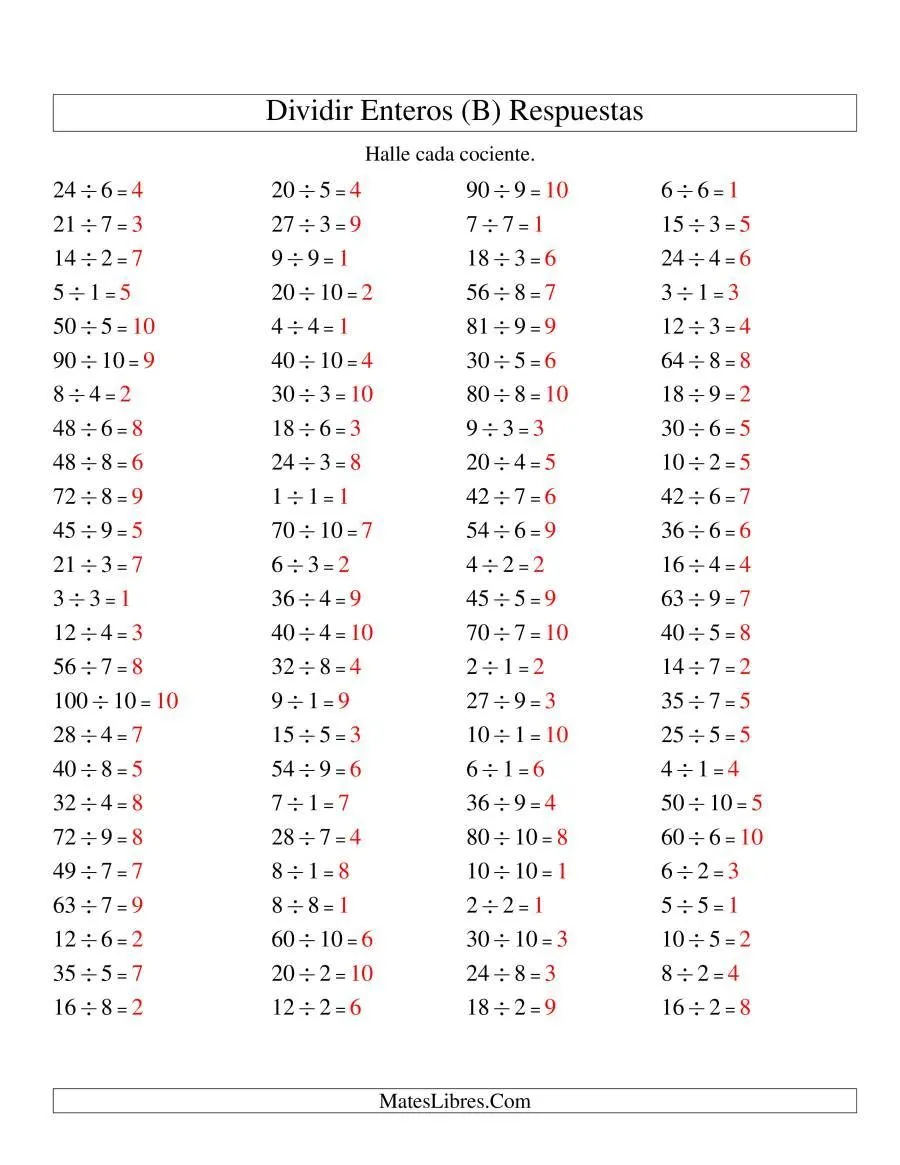 Divisiones Básicas hasta 100 (sin Ceros) (B) Página 2 | Division facts,  Division facts worksheets, Free math worksheets