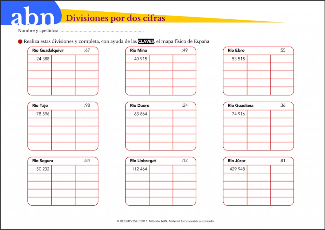 Divisiones por dos cifras y principales ríos de España (Método ABN /  Tradicional)