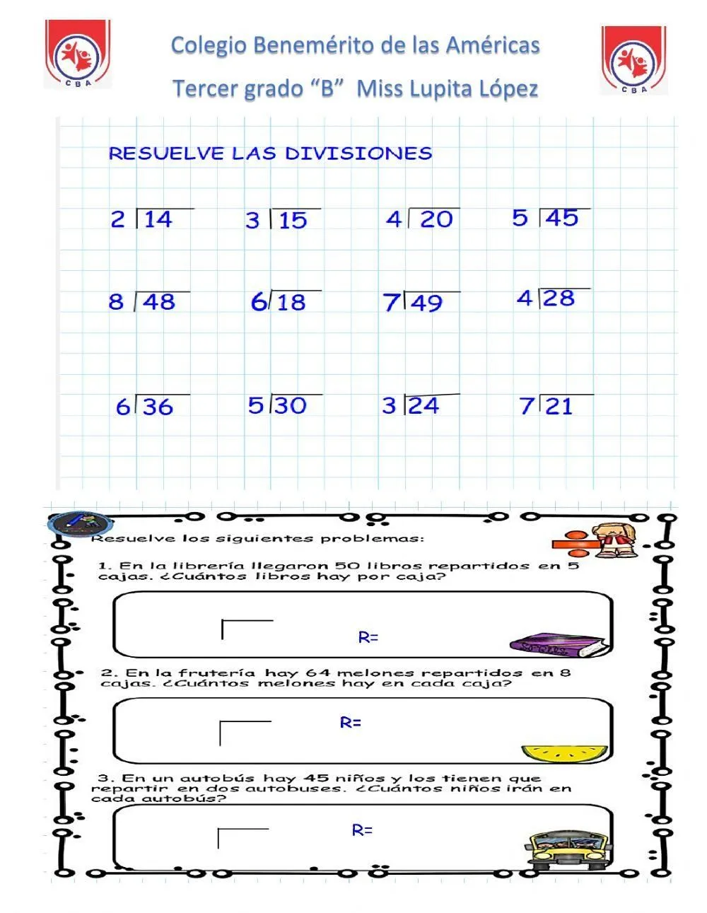 Divisiones tercer grado worksheet | Live Worksheets